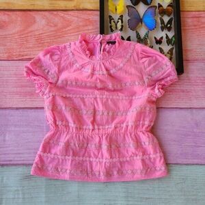 J. Crew Bright Pink Daisy Chain Lace‎ Trim Puff Sleeve Peplum Top Small Modest
